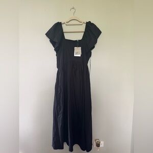 Black Midi Sundress with Flutter Cap Sleeves and Square Neck